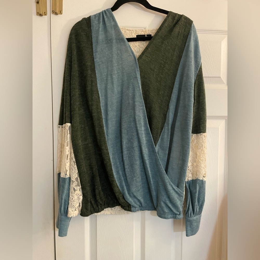 Ryu: Anthropology color blocked lace y2k style green blue and cream sweater larg